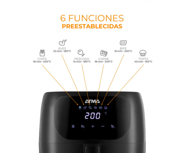 Freidora de aire Atma 6,5 litros, color negra.