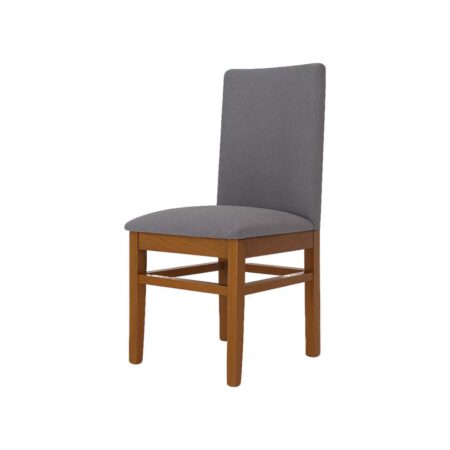 Silla de madera color caoba con respaldo tapizado en beige