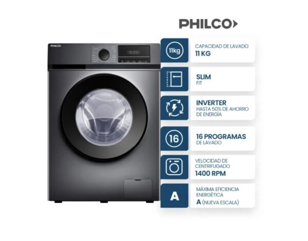 Lavarropa Philco 11 Kg 1400RPM Gris Inverter